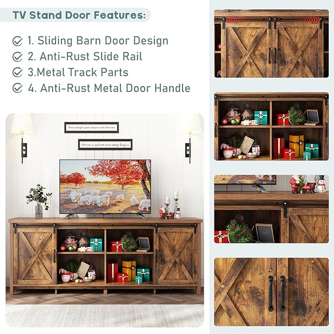 70" Farmhouse TV Stands for 70 75 80inch TV w/Adjustable Shelves,Sliding Barn Door.Wooden Entertainment Center,TV Console Cabinet with Storage for Bedroom Living Room(Brown 70in)