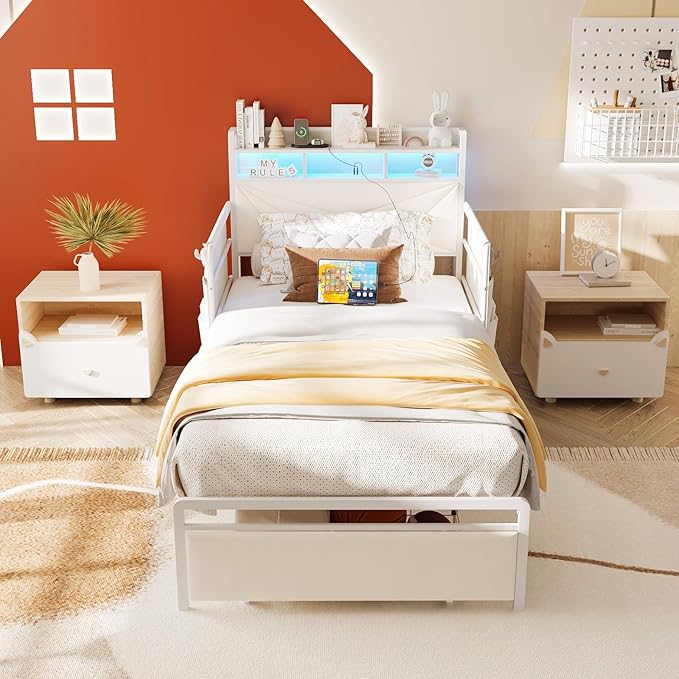 Maupvit Twin Bed Frame with Storage Headboard and Drawer,Upholstered Platform Bed Frame with LED Lights & Charging Station,Twin Size Bed with Guardrail,No Box Spring Needed,Beige