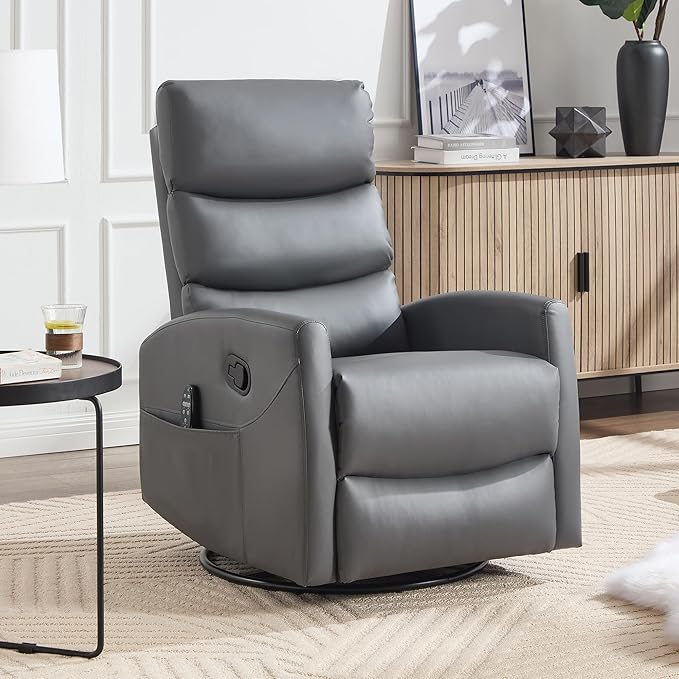 PELUMY Massage Recliner Chair with Heat - Manual Rocker Swivel Recliner, 360° Rotation & 155° Recline for Living Room（Breathable Leather, Grey）