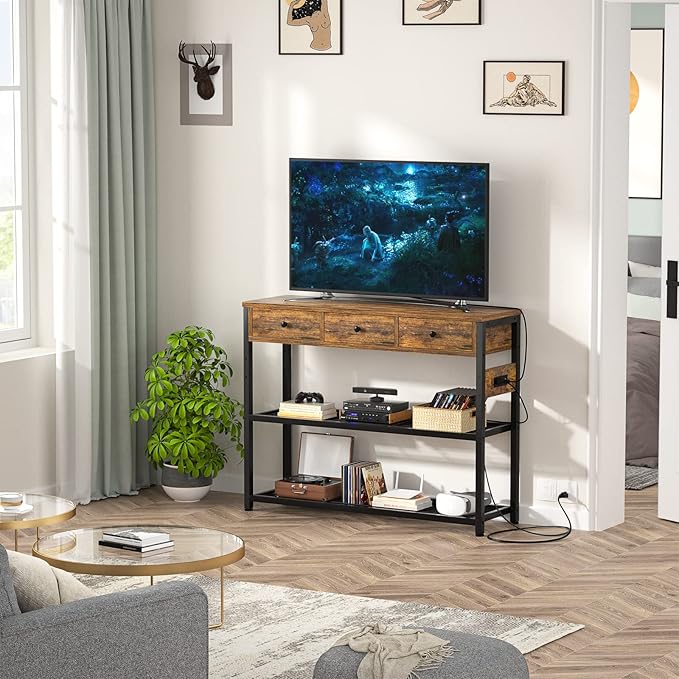Ecoprsio 47'' Entryway Table with Outlets and USB Ports, Console Table with 3 Drawers, Sofa Table Narrow Long with Storage Shelves for Living Room, Couch, Hallway, Foyer, Kitchen Counter, Rustic Brown