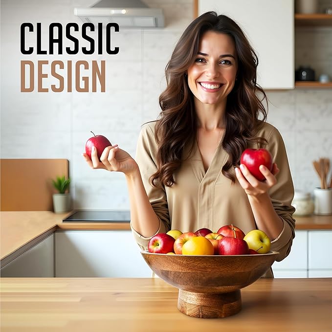 Brown Pedestal Bowl - 12 Inch, Wide Brown Footed bowl as Fruit, Key, Decorative, Candy Holder or Centerpiece, Wooden Bowl Decorative for Kitchen, Dining Table & Modern Home Accessories