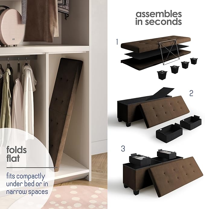 STORAGEBUD Storage Ottoman Bench with Bins, 43-in Storage Bench for Bedroom End of Bed, Folding Foot Rest Ottoman for Living Room Max 660lbs, Velvet Ottomans, Brown