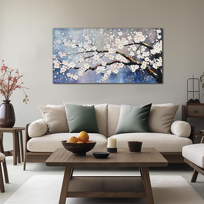 aburaeart Plum Blossom Painting Wall Art For Living Room Blue And White Wall Art For Office Women Modern Art Wall Decor Bedroom Size 20 x 40 Inch