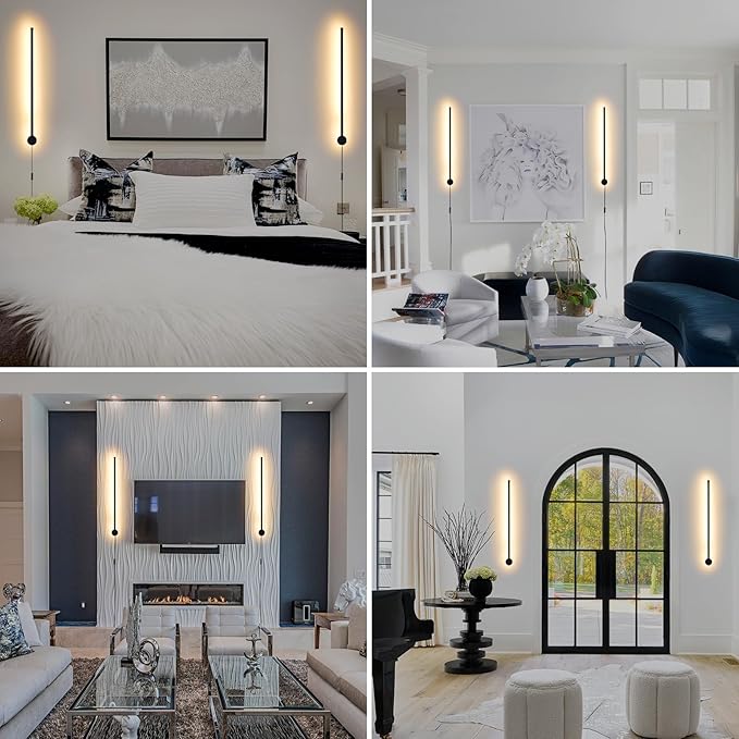 Dimmable Plug in Wall Sconce Set of 2, Black 23.6" LED Wall Light with Remote, Adjustable Color Temperature Brightness Wall lamp with Timer for Living Room,Bedroom and Accent Lighting