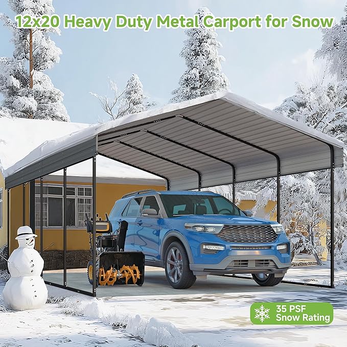 Real Relax 12x20FT Heavy Duty Metal Carport, Outdoor Carport Canopy with Galvanized Steel Roof and Reinforced Base for All-Weather, Garage Shelter Shade for Trucks, Boats, Party, Gray