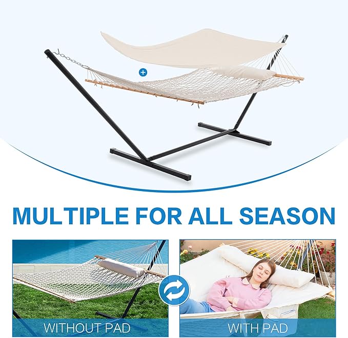 PNAEUT Double Hammock with Stand for Outside, Rope Hammocks with Polyester Pad 2 Person, 12ft Heavy Duty Stand, Extra Pillow, Storage Sidebag, Max 475 lbs Capacity (Pearl White)