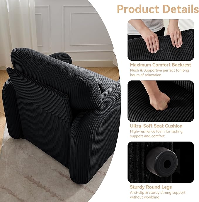 Corduroy Fabric Accent Chair, Modern Upholstered Living Room Chairs with Lumbar Pillow, Wide Comfy Leisure Armchair for Bedroom, Office, Reading, Black