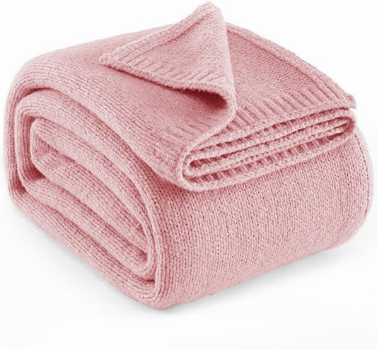 Carriediosa Wool Blend Knit Throw Blanket 50" X 60", 50% Recycled Polyester Soft Cable Knitted Fluffy Throws for Couch Lightweight Woven Blankets for Sofa Fuzzy Cozy Bed Cover, Pink