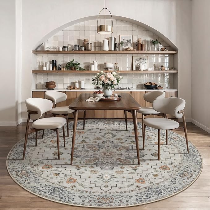 Tangsoo Vintage Round Rug 4ft Washable Circle Rug, Non Slip Small Boho Round Rug, Low Pile Circular Rugs, Round Carpet for Bedroom,Entryway,Nursery,Dorm,Kitchen,Taupe