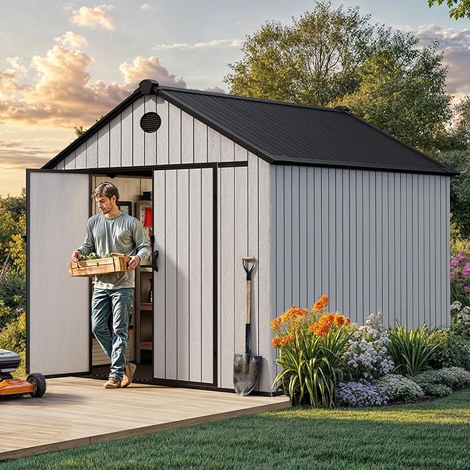 YITAHOME 8x10 FT Outdoor Storage Shed with Floor, Plastic Garden Shed for Bikes, Tools, Supplies, Waterproof Resin Shed with Lockable Doors, 2 Windows & 2 Vents for Patio, Backyard, 556 cu. Ft., Gray