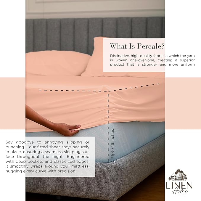 Linen Home 100% Cotton Percale Sheets Twin XL Size, Tropical Peach, Deep Pocket, 3 Pieces Set - 1 Flat, 1 Deep Pocket Fitted Sheet and 1 Pillowcase, Crisp Cool and Strong Bed Linen