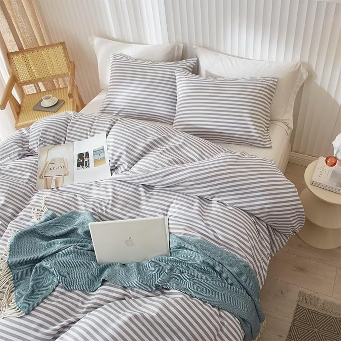 mixinni Striped Comforter Set Full Size - Grey White Stripes Pattern Bedding Set for Women and Men, 3 Pieces Lightweight Bed Sets for All Seasons (1 Soft Fluffy Comforter + 2 Pillowcases)