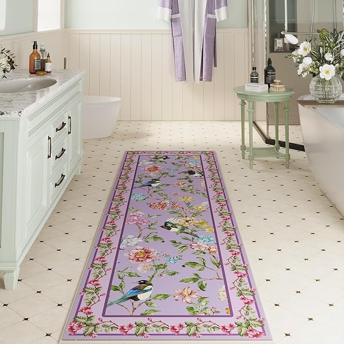 Runner Rug for Kitchen 2'6"x8' Washable Rugs with Rubber Backing Soft Floral Bird Magpies Floral Animal Carpet Runner for Kitchen, Laundry, Bedroom, Bathroom (Purple)