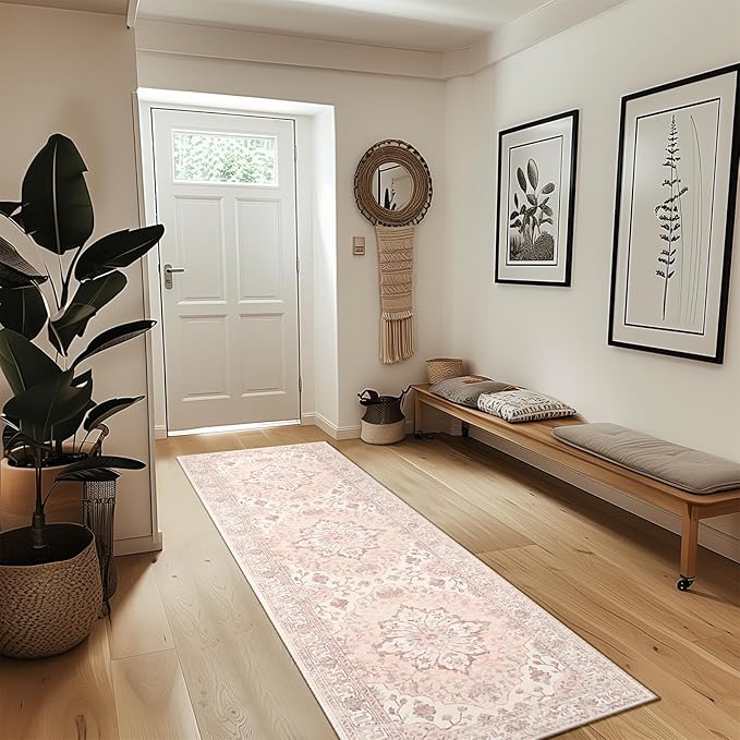 Area Rugs 2'x8' Washable Non-Slip, Floral Vintage Distress Print Pattern Medallion Carpet for Living Room Bedroom Dining Room, Pink Greypink Cute