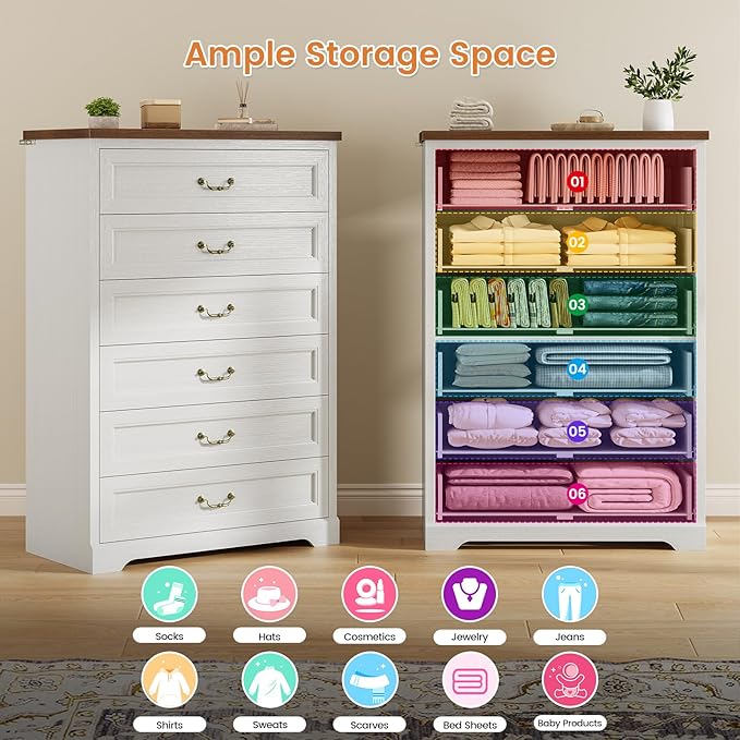 DICTAC Farmhouse 6 Drawers Dresser for Bedroom,51.2" Tall Rustic Wood Chest of Drawers,Large Storage Chest with Vintage Metal Handles, White Dresser for Bedroom,Closet,Hallway,White