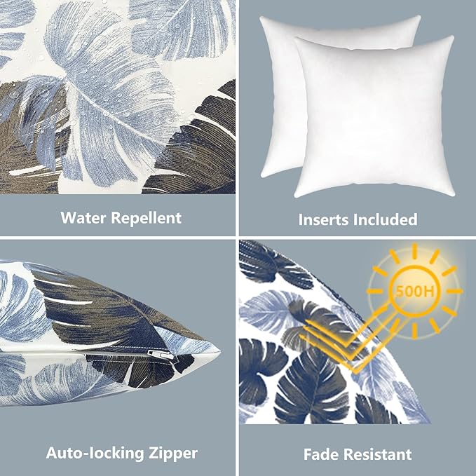 LVTXIII Outdoor/Indoor Throw Pillows, Decorative Throw Pillows with Inserts, 18"x18" Square Pillows for Bed, Couch, Sofa and Patio Furniture (Set of 2, Monstera Blue)