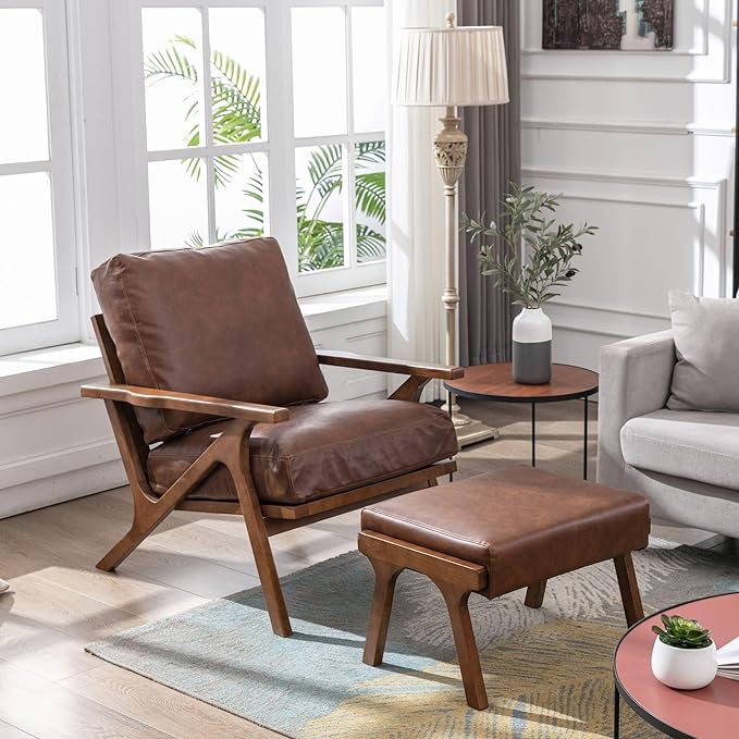 Wahson Brown Leather Mid-Century Modern Accent Chair and Ottoman Set, Retro Upholstered Armchair with Wood Frame and Removable PU Cushions, Large Leisure Slipper Chair for Living Room/Bedroom