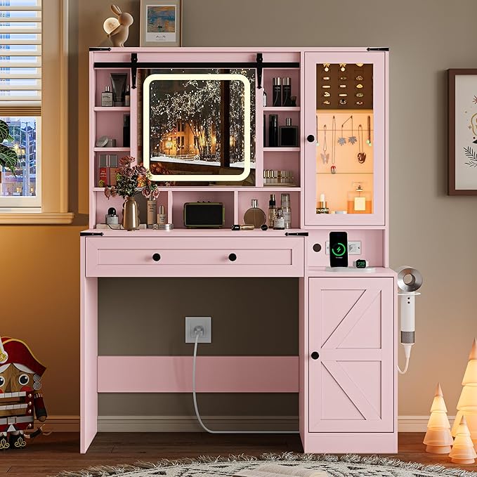 Pink Vanity Desk with Mirror and Lights, Farmhouse Makeup Vanity Desk with Lighted Mirror & Power Outlet, RGB Glass Cabinet, Makeup Dressing Table with 3 Lighting Modes for Bedroom