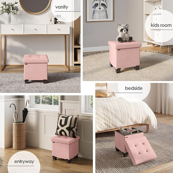 STORAGEBUD Storage Ottoman Cube with Small Bin, 16-in Square Ottoman with Storage for Living Room and Bedroom, Small Ottomans Foot Rest, Fabric Foot Stools Ottomans Max 330lbs, Pink