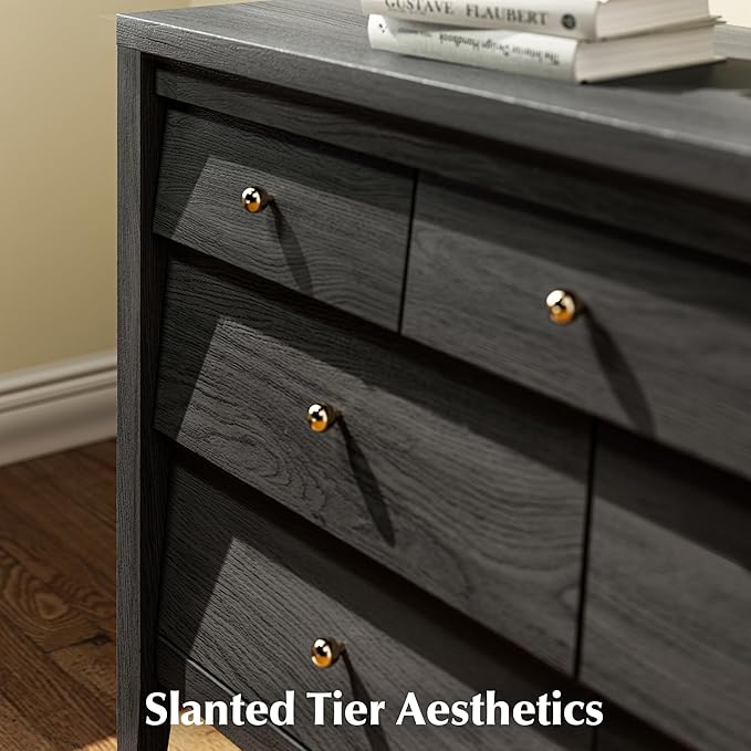 7 Drawers Dresser with Beveled Panel, Farmhouse Chest of Dressers for Bedroom, Wood Dresser TV Stand, Drawer Organizer for Bedroom, Living Room, Black