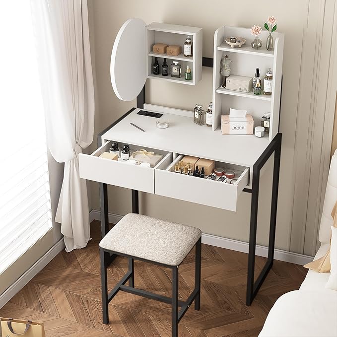 Small Vanity Desk with Mirror and Lights, Makeup Vanity Table with LED Mirror, 3 Lighting Modes, Power Outlet, Drawer, Open Shelves and Cushioned Stool for Bedroom (Black)