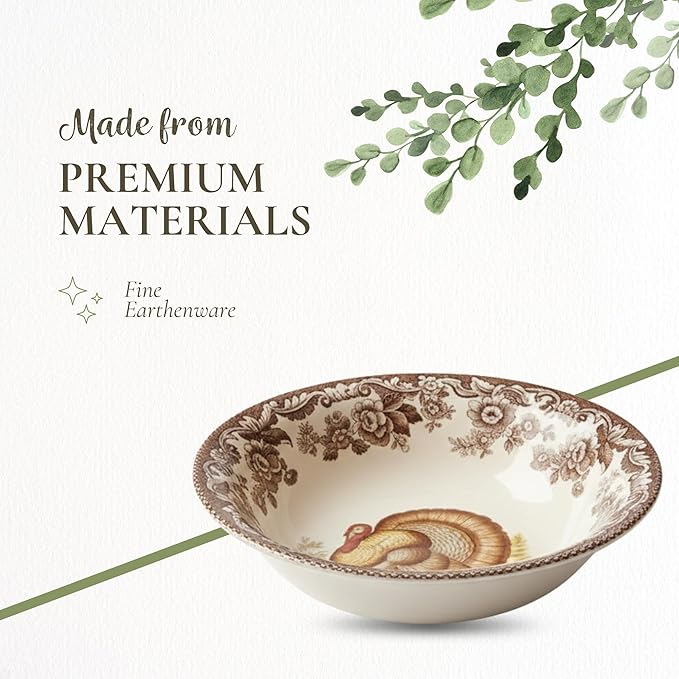 Spode Woodland Thanksgiving Turkey 8" Ascot Cereal Bowl - Classic Holiday Tableware, Salad, Dessert, Nut Bowl with British Flowers Border, Fine Earthenware - Microwave, Oven, Freezer, Dishwasher Safe