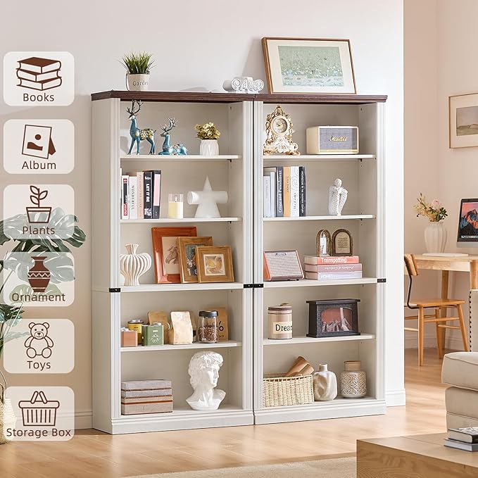 70" White Tall Bookshelf,5-Tier Thick Wooden Book Shelf with Adjustable Shelves,Free Standing Farmhouse Bookcase with Open Display Storage,Floor Vintage Bookshelves for Living Room,Office