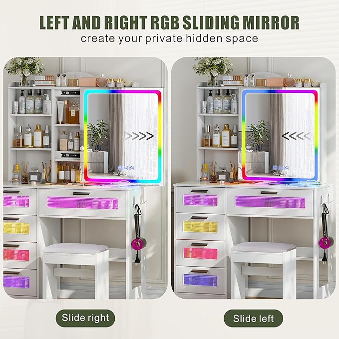 Vanity Desk with Sliding Vanity Mirror and RGB Lights,Makeup Vanity Desk with Charging Station,LED Vanity Table with Hidden Storage,Dressing Table Set with Stool&5 Drawers for Bedroom,White