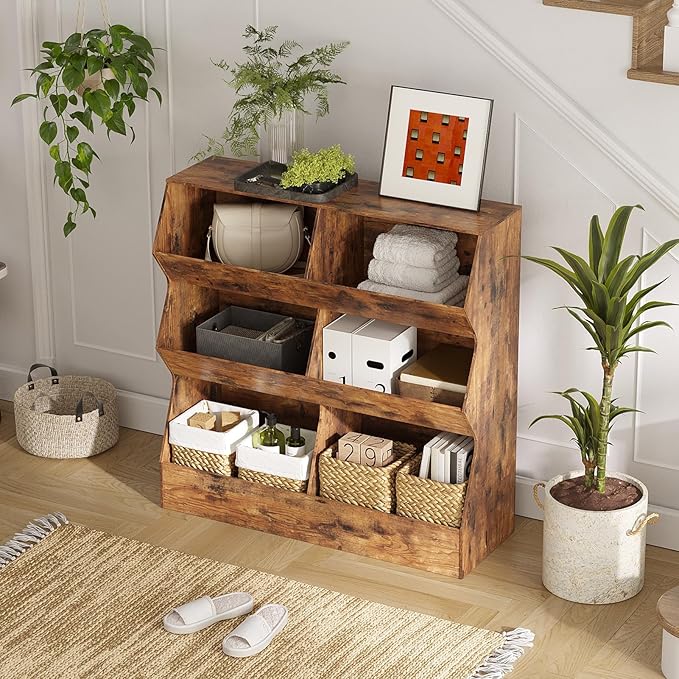 DINZI LVJ Toy Storage Organizer, Kids Bookshelf, Wooden Toy Storage Cabinet, 6 Cubby Children Bookcase, 39.4" L Toddler Book Shelf for Playroom, Living Room, Nursery, Hallway, School, Rustic Brown