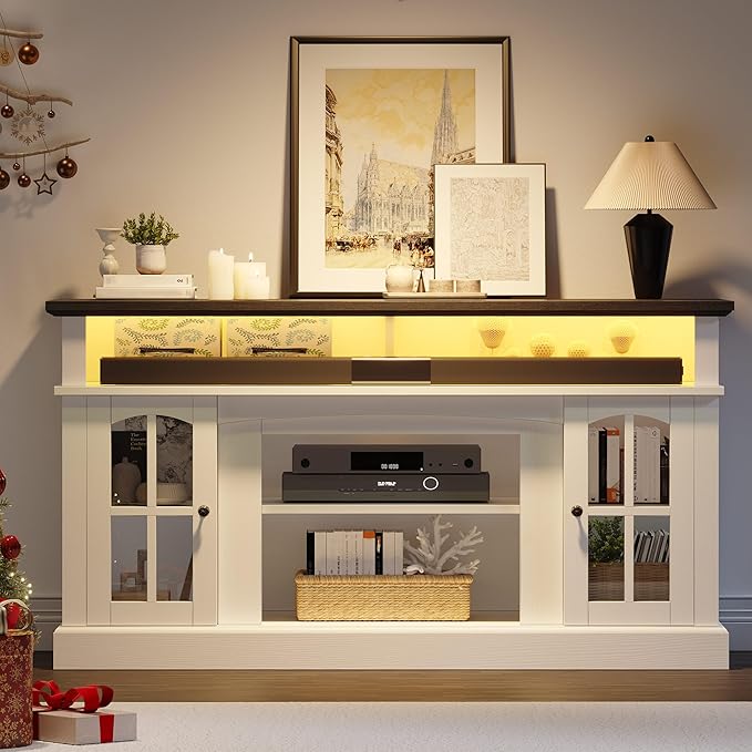 YITAHOME LED Farmhouse TV Stand for 65 Inch w/Outlets, Modern Entertainment Center with Glass Doors and Adjustable Storage Shelves, Media Console TV Cabinet for for Living Room, White/Black