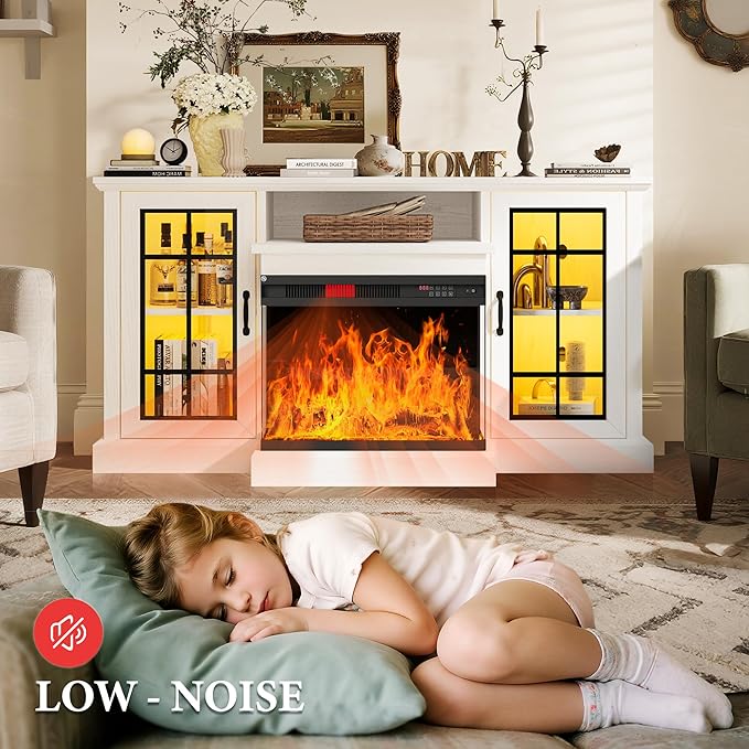 MXV 59'' Fireplace TV Stand, Farmhouse Entertainment Center with 3 Sided Glass TV Stand, Modern Media Console Table with Storage Drawers & Cabinets with LED Flame and Lights for Living Room, White