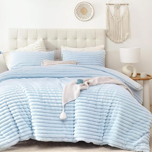 Smoofy Fluffy Full Size Comforter Sets 3 Pieces - Light Blue Fleece Fluffy Comforter Set, Luxury Fuzzy Full Bed Set, Soft Comforter Full Size All Season, Heavy Faux Fur Comforter with 2 Pillow Cases