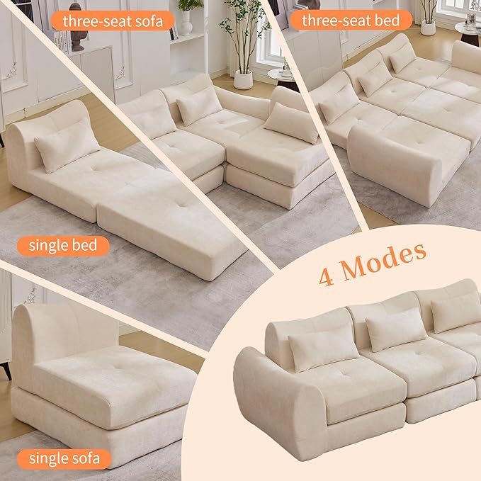 MAXMAXX 102" Modular Sectional Cloud Sofa,4-in-1 Folding Convertible Sofa Bed, Floor Boneless Couch, Modular Cushion Couch,Suitable for Living Room,Bedroom and Recreation Room (Beige)