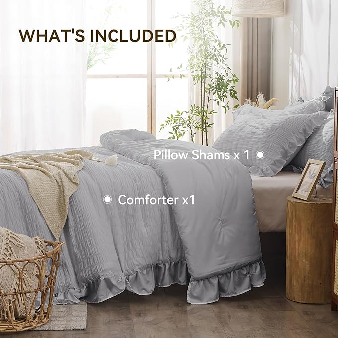 JOLLYVOGUE Light Grey Twin Size Comforter Set, 2 Pieces Seersucker Lightweight Fluffy Bedding Set, Twin Ruffle Comforter, All Season Soft Microfiber Shabby Chic Bed Set