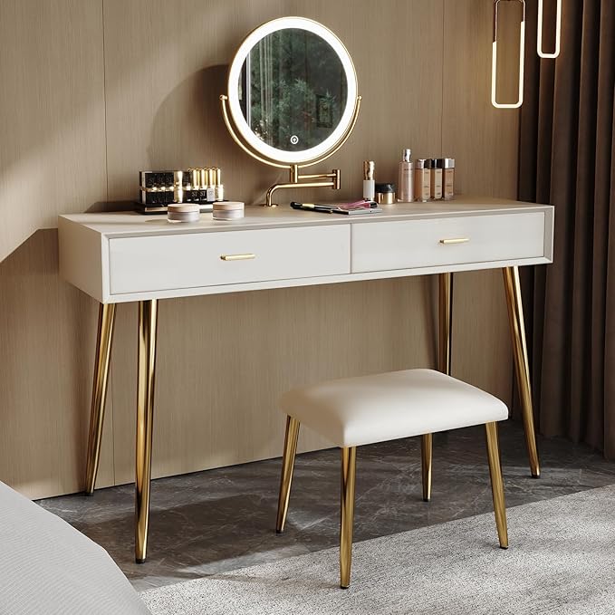 IKuinen Makeup Vanity Desk with Mirror and Lights, Small Vanity Table with 2 Drawers, Stool, Vanity Set for Bedroom with Leather, 3 Lighting Modes - 47.2In Beige