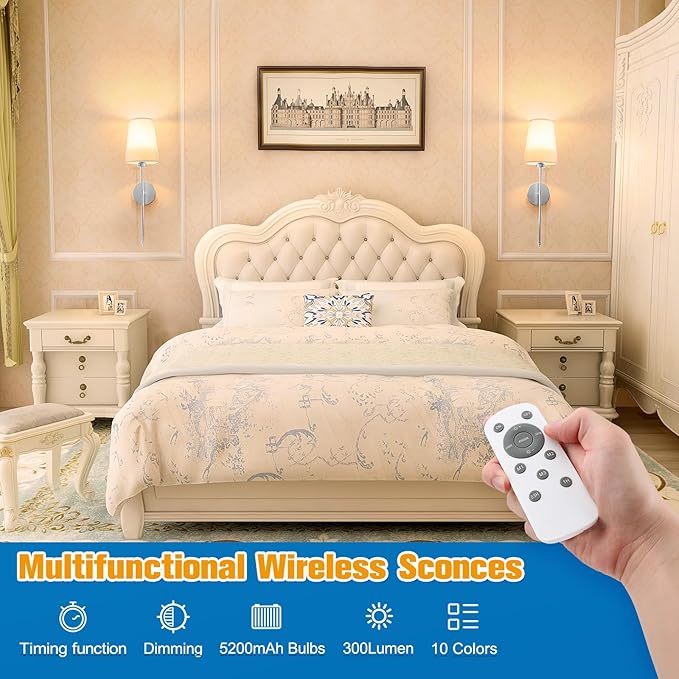 NIORSUN 25.4 inch Brushed Nickel Battery Operated Wall Sconce Set of 2,Rechargeable Wall Lights with Dimmable Detachable Bulbs and Remote,9 Colors Wireless Sconces for Bedroom Living Room Hallway