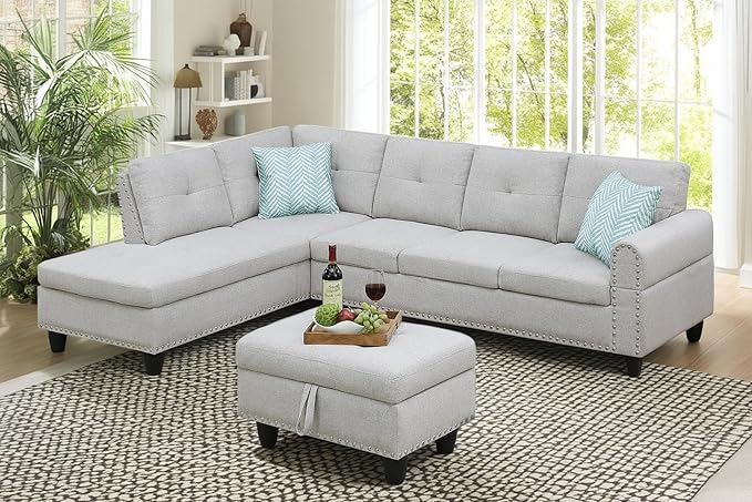 98 Inch L Shaped Sectional Sofa with Chaise Lounge, Storage Ottoman and 2 Pillows, 4-Seaters Linen Upholstered Tufted Couch w/Cupholder & Nailhead Trim for Living Room, Office, Light Gray