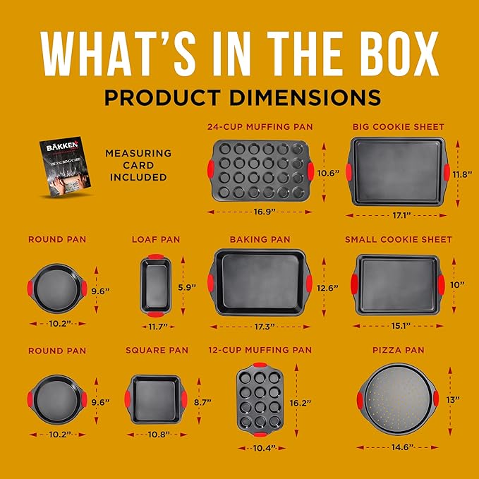 Baking Set – 10 Piece Kitchen Oven Bakeware Set – Deluxe Non-Stick Blue Coating Inside and Outside – Carbon Steel – Red Silicone Handles – PFOA PFOS and PTFE Free by Bakken,Black