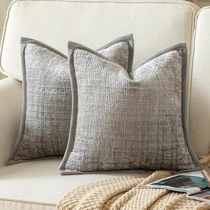 Yaertun Pack of 2 Chenille Textured Decorative Throw Pillow Covers Accent Solid Cushion Cover Soft Cozy Pillow Case with Velvet Back for Couch Sofa Bed Living Room 24x24 Inch Light Grey