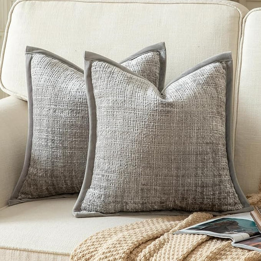 Yaertun Pack of 2 Chenille Textured Decorative Throw Pillow Covers Accent Solid Cushion Cover Soft Cozy Pillow Case with Velvet Back for Couch Sofa Bed Living Room 22x22 Inch Light Grey