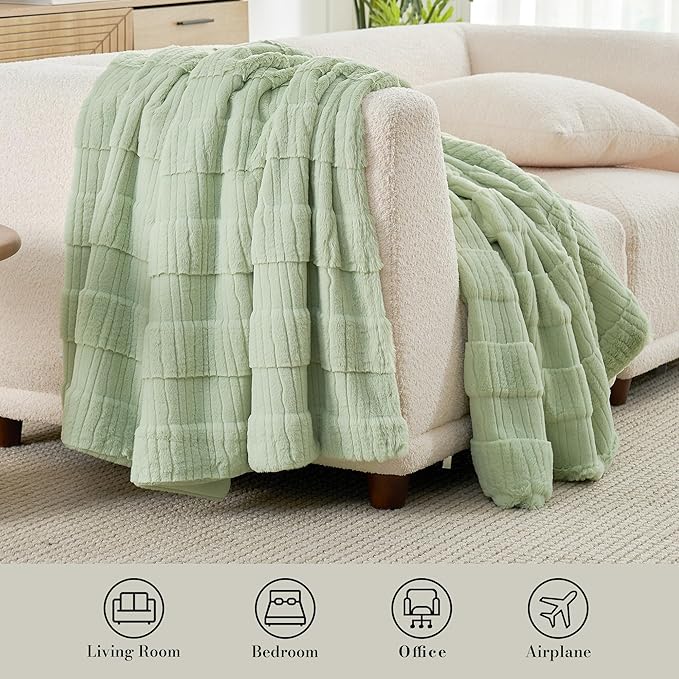 Amélie Home Luxury Striped Faux Fur Throw Blanket for Couch, Embossed Split Fur Cozy Fuzzy Fluffy Luxurious Soft Plush Sofa Chair Bed Gift Blankets for Women Men Wife Friend, 88"x90", Sage Green