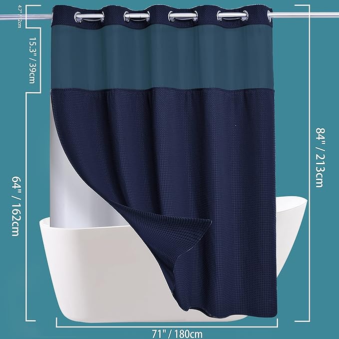 Extra Long No Hook Waffle Weave Shower Curtain with Snap in Liner Set, Hotel Luxury Navy Blue Shower Curtains for Bathroom with See Through Top Window, Waterproof, Washable 71W x 84H