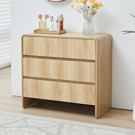 Fluted 3 Drawer Dresser for Bedroom,Mid Century Modern Wide Chest of Drawer,Curved Edge Wood Closet Dresser Nightstand for Bedroom Living Room Hallways (Natural, Wide 3 Drawer)