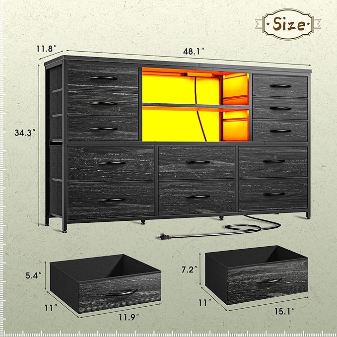 Black TV Stand with 12 Fabric Drawers for 55 inch TV, Entertainment Center with Charging Station & LED Lights, TV Media Console Table with 2 Open Storage Shelves for Living Room, Dorms, Wood Top