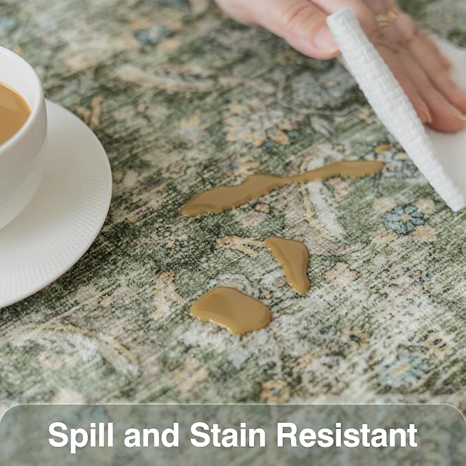 FMFUNCTEX 2x6 Runner Rug Green Vintage Neutral Washable Distressed Non Slip Low Pile Indoor Carpet Soft Retro Hallway Entryway Rug for Kitchen Living Room Bedroom Bathroom Laundry Entrance Bedside