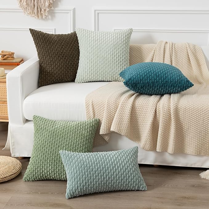 Kevin Textile Throw Pillow Covers Soft Corduroy Decorative Set of 2 Boho Striped Pillow Covers Pillowcases Farmhouse Home Decor for Couch Bed Sofa Living Room 18x18 Inch Teal Blue