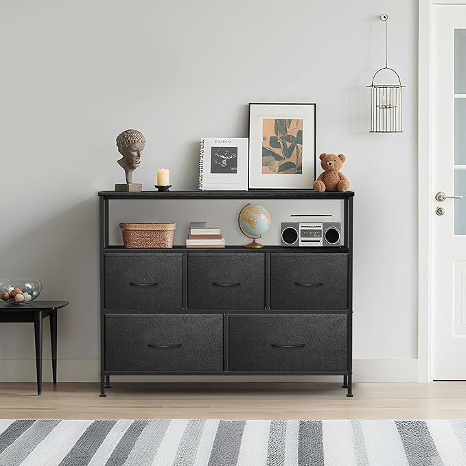 TV Stands for 42 inches TV, TV Stands for Living Room, Entertainment Center with Storage, TV Console with Open Shelves (Black and Charcoal Black)