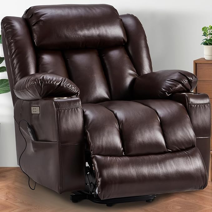 Power Lift Recliner Leather Chair Sofa with Massage & Heat, Lazy Boy Chair with Cup Holders, USB & Type-C Ports, Remote Control (Brown)
