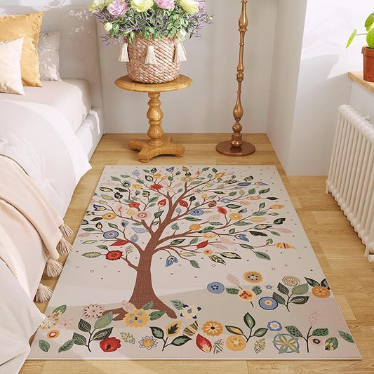Bedroom Rug 3x5 Rug Washable Area Rug Bohemian Non Slip Low Pile Floral Tree Small Carpet for Bedroom, Bedside, Kitchen, Entryway, Kids Room, Office, Beige