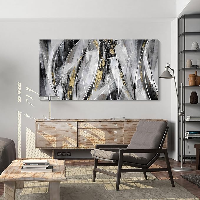 KLAKLA Black Wall Art for Living Room - Large Wall Decor Gold White Gray Abstracr Canvas Wall Art - Bedroom Art Painting Picture Artwork for Wall